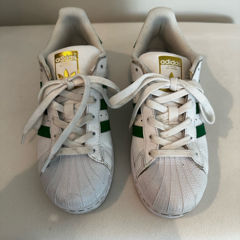 Adidas Kids White Sneakers with Green Stripes